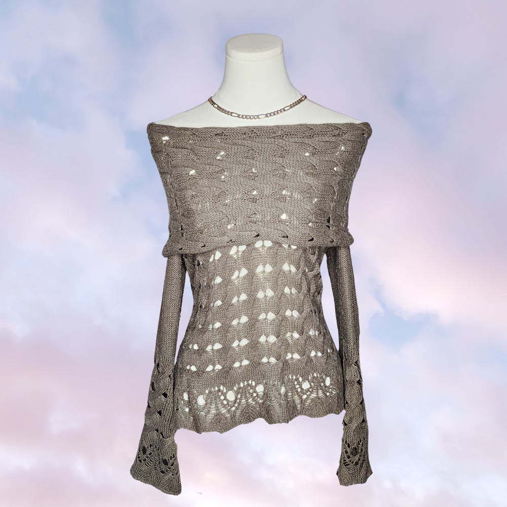 Nine West Vintage America Taupe Brown Cowl Neck Open Knit Boho Western Sweater S